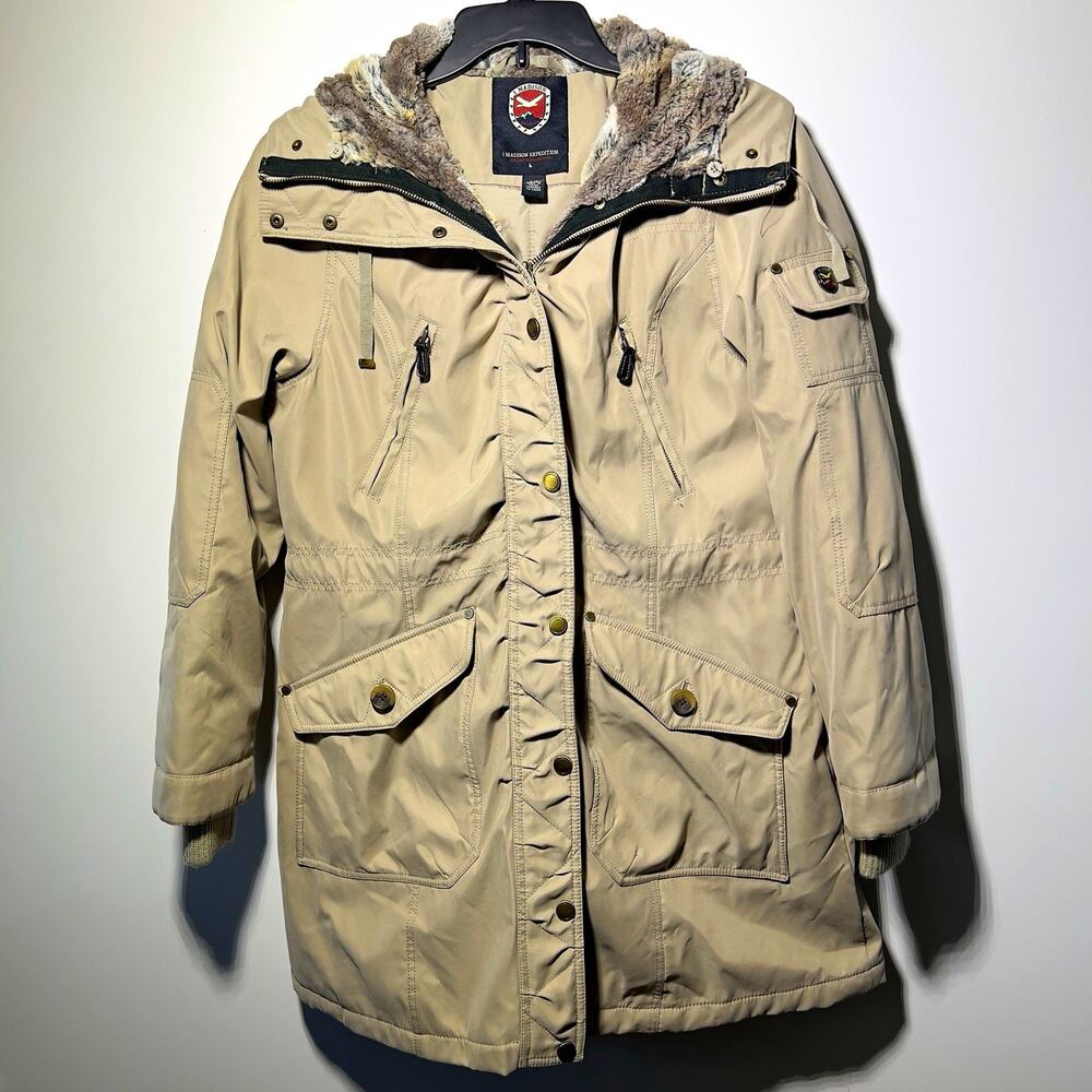 1 Madison Expedition Women’s Beige Hooded Faux Fur Trim Insulated Long Parka L